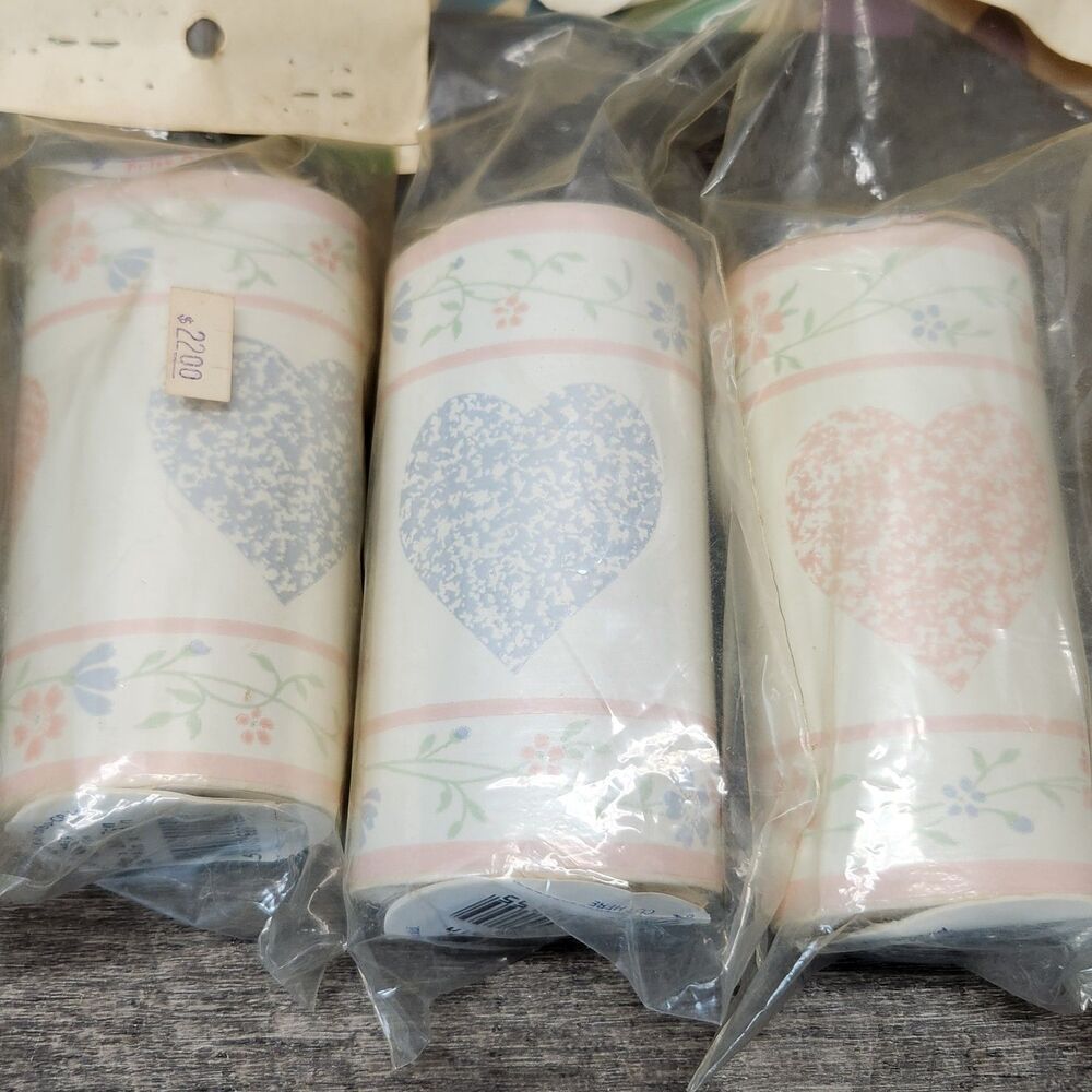 Vtg Wallpaper Border NOS Pink Blue Hearts Floral Cottagecore
